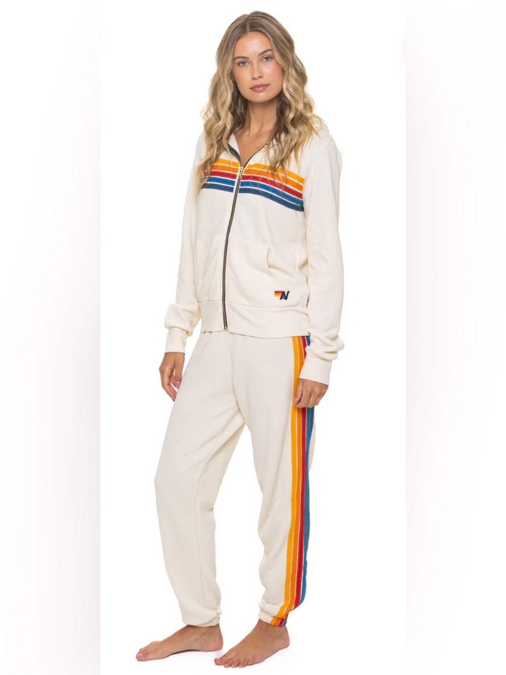 Aviator Nation 5 Stripe Vintage Cream Rainbow-Stripe Zip Hoodie & Jogger Set XS
